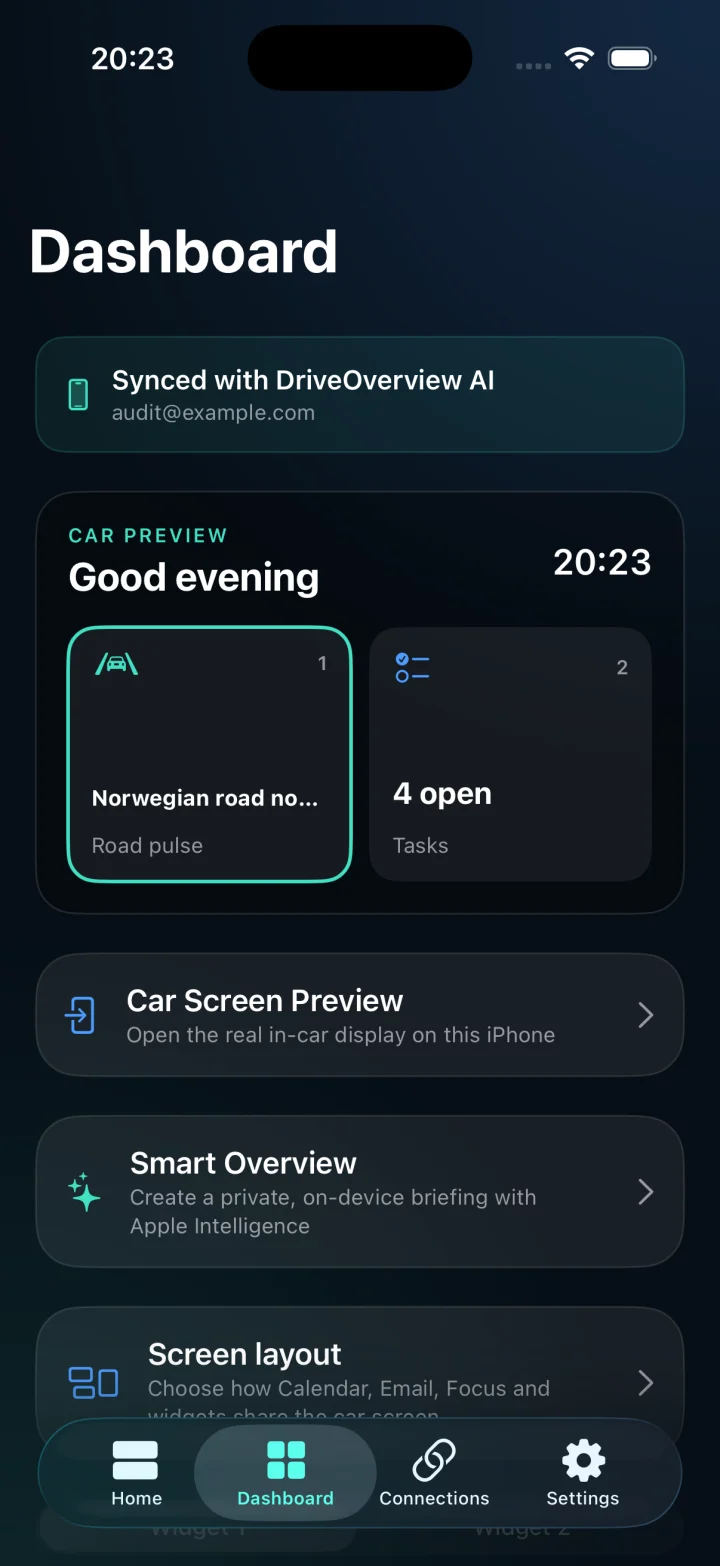 DriveOverview AI-dashboard med bilvisning, Smart Overview og Apple Intelligence