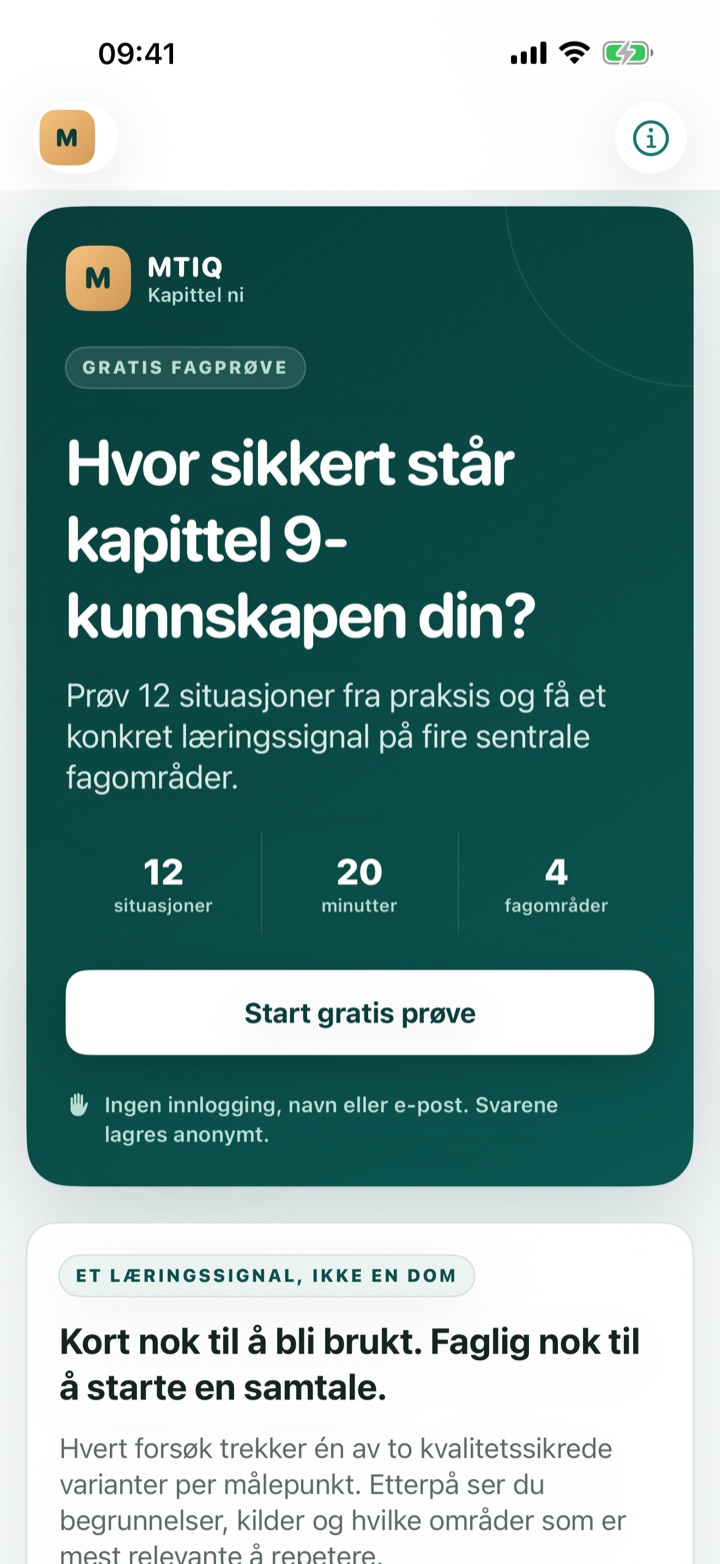Startskjermen i appen Kapittel ni – MTIQ